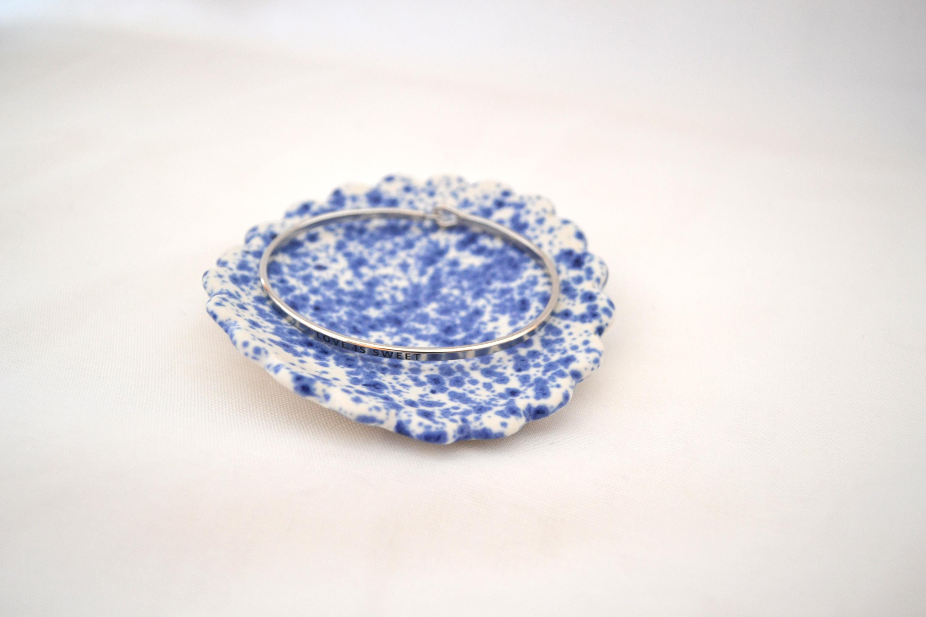 Handmade Trinket Dish, Scalloped Edges with Vibrant Blue Splatterware Glaze, Matte Finish, 3 Inches Diameter