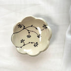 Handmade and hand painted pottery footed dish, with handpainted brown underglaze and finished in a clear glaze, 4”