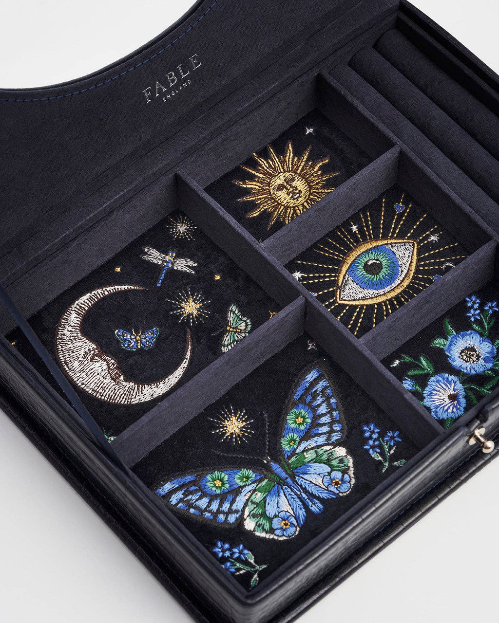 Night Sky Embroidered Large Jewelry Box in Navy Croc