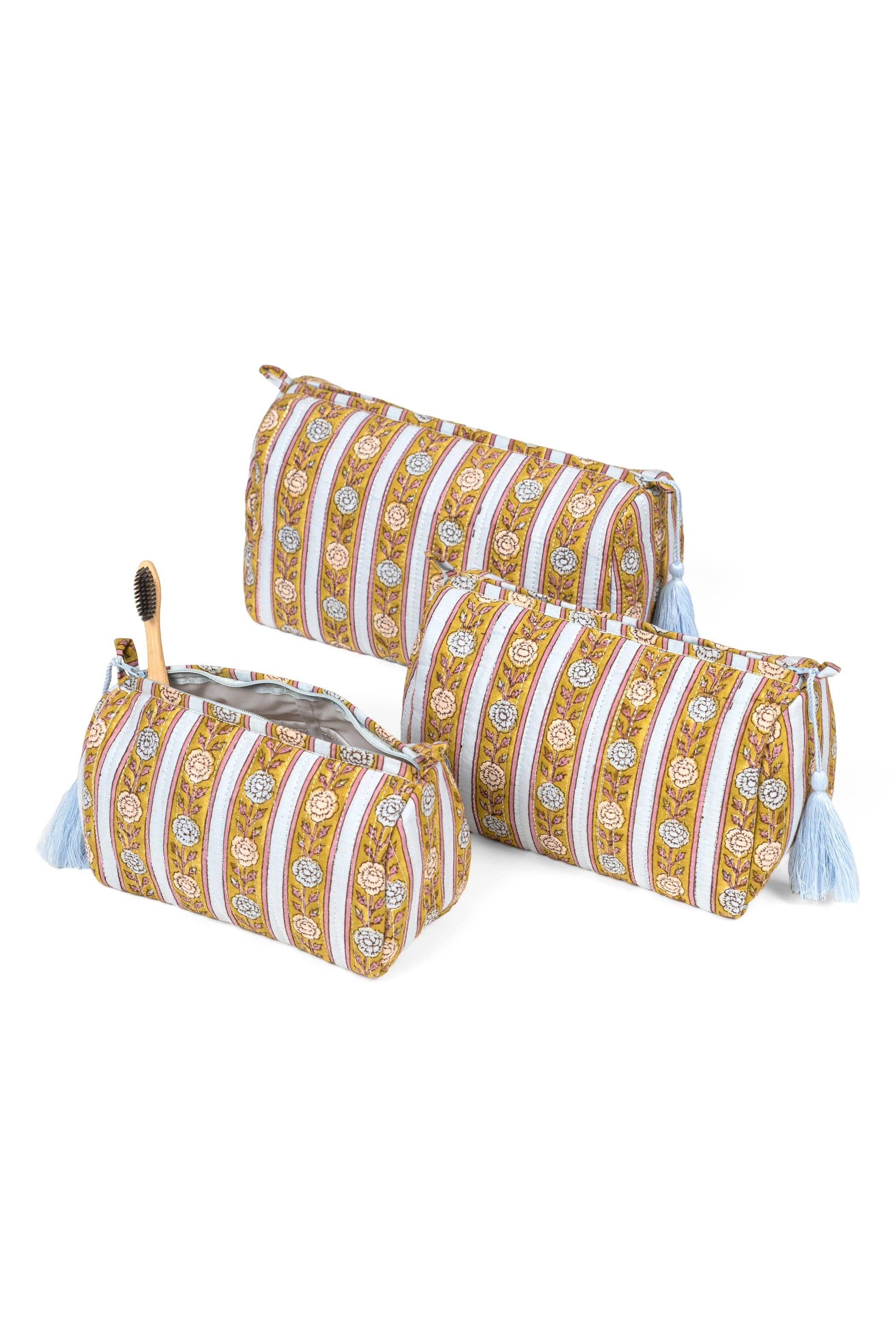 Blue + Green Floral Striped Makeup Bag