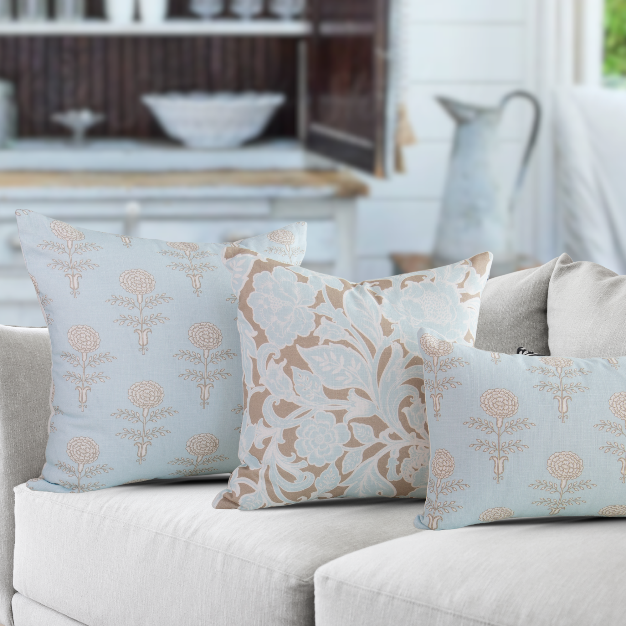 Elodie Sky Floral Block Print Lumbar Pillow