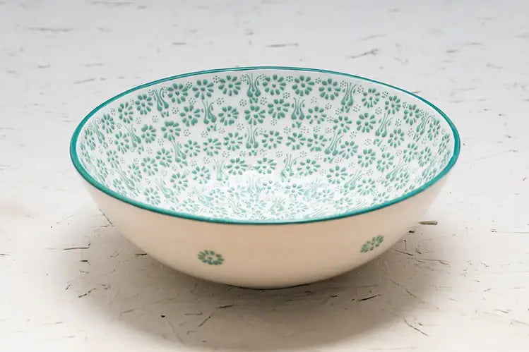 White and Green Handmade Ceramic Serving Bowl – Medium