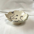 Handmade and hand painted pottery footed dish, with handpainted brown underglaze and finished in a clear glaze, 4”
