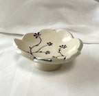 Handmade and hand painted pottery footed dish, with handpainted brown underglaze and finished in a clear glaze, 4”