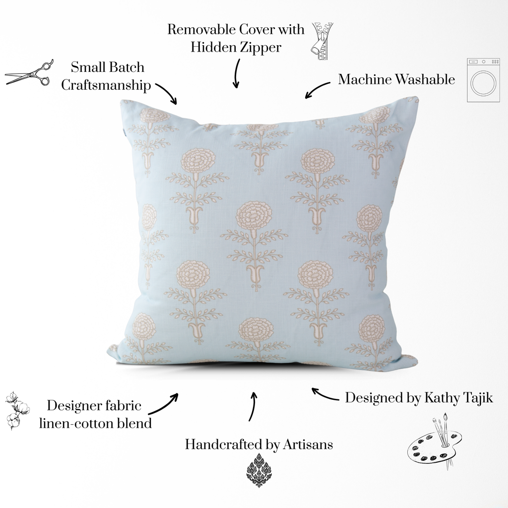 Elodie Sky Floral Block Print Throw Pillow