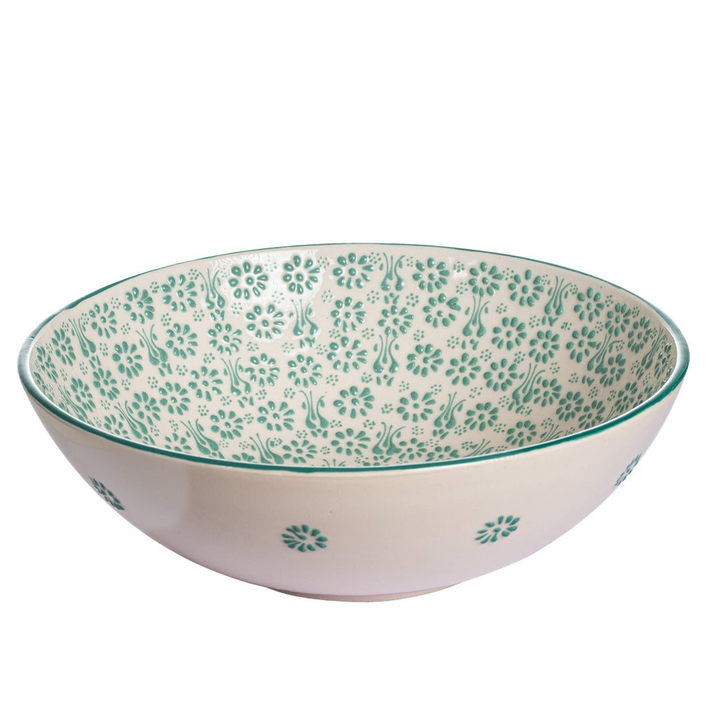 White and Green Handmade Ceramic Serving Bowl – Medium