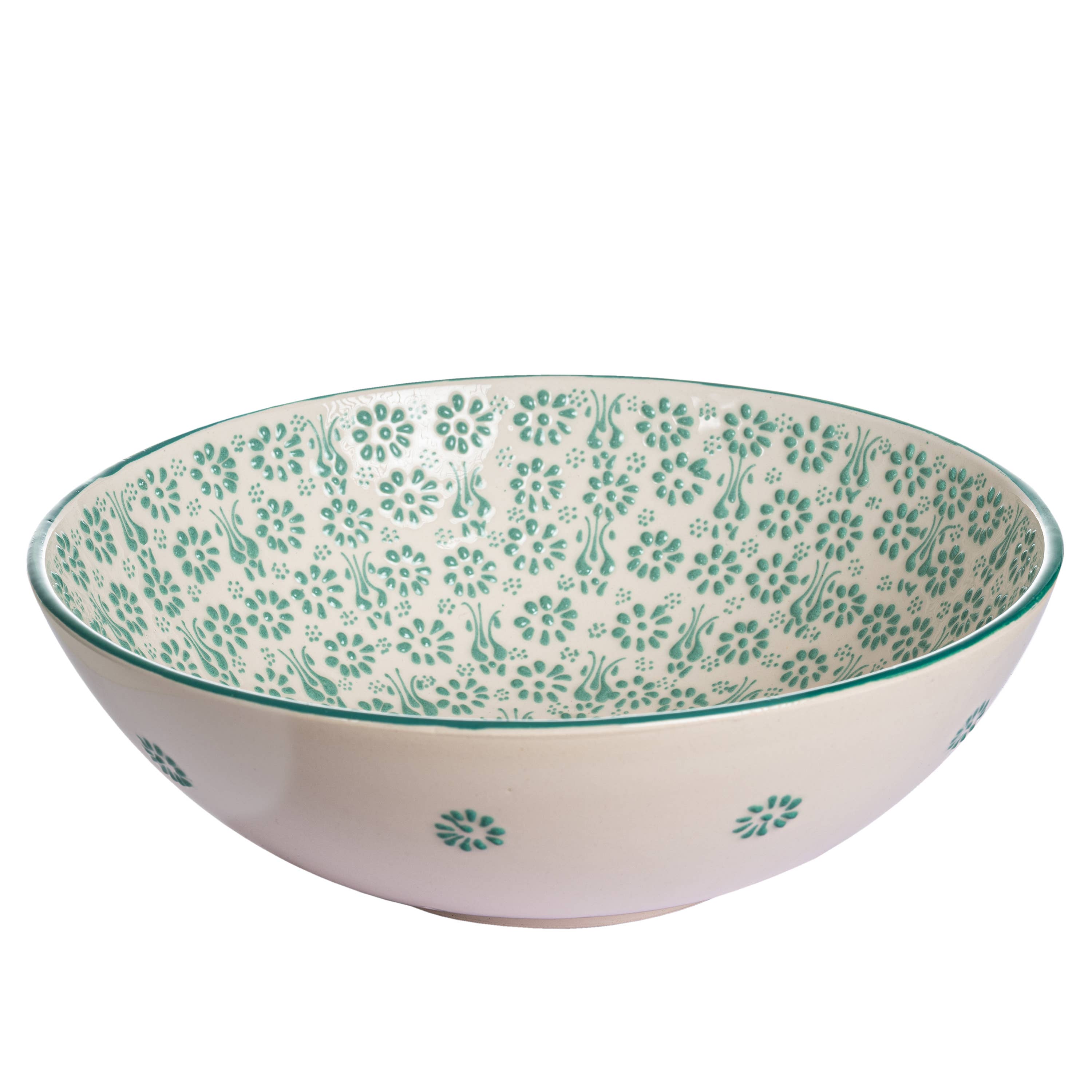 White and Green Handmade Ceramic Serving Bowl – Large