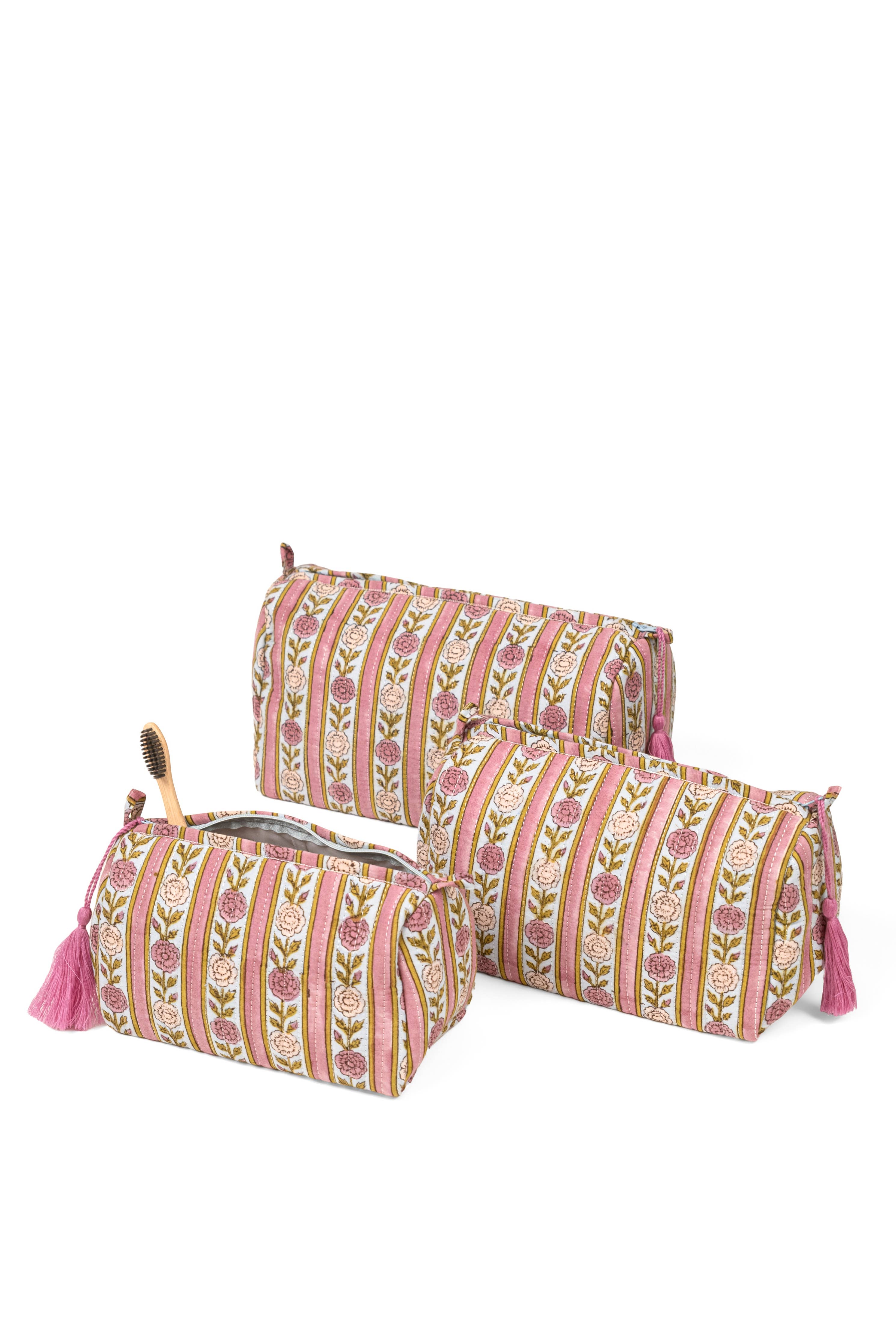 Blue + Pink Floral Striped Makeup Bag