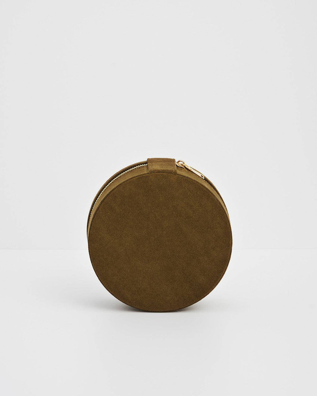 Hedgehog Embroidered Round Jewelry Box in Khaki Suedette