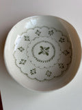 Handmade and hand painted pottery bowl,  with handpainted green underglaze and finished in a clear glaze, 7”