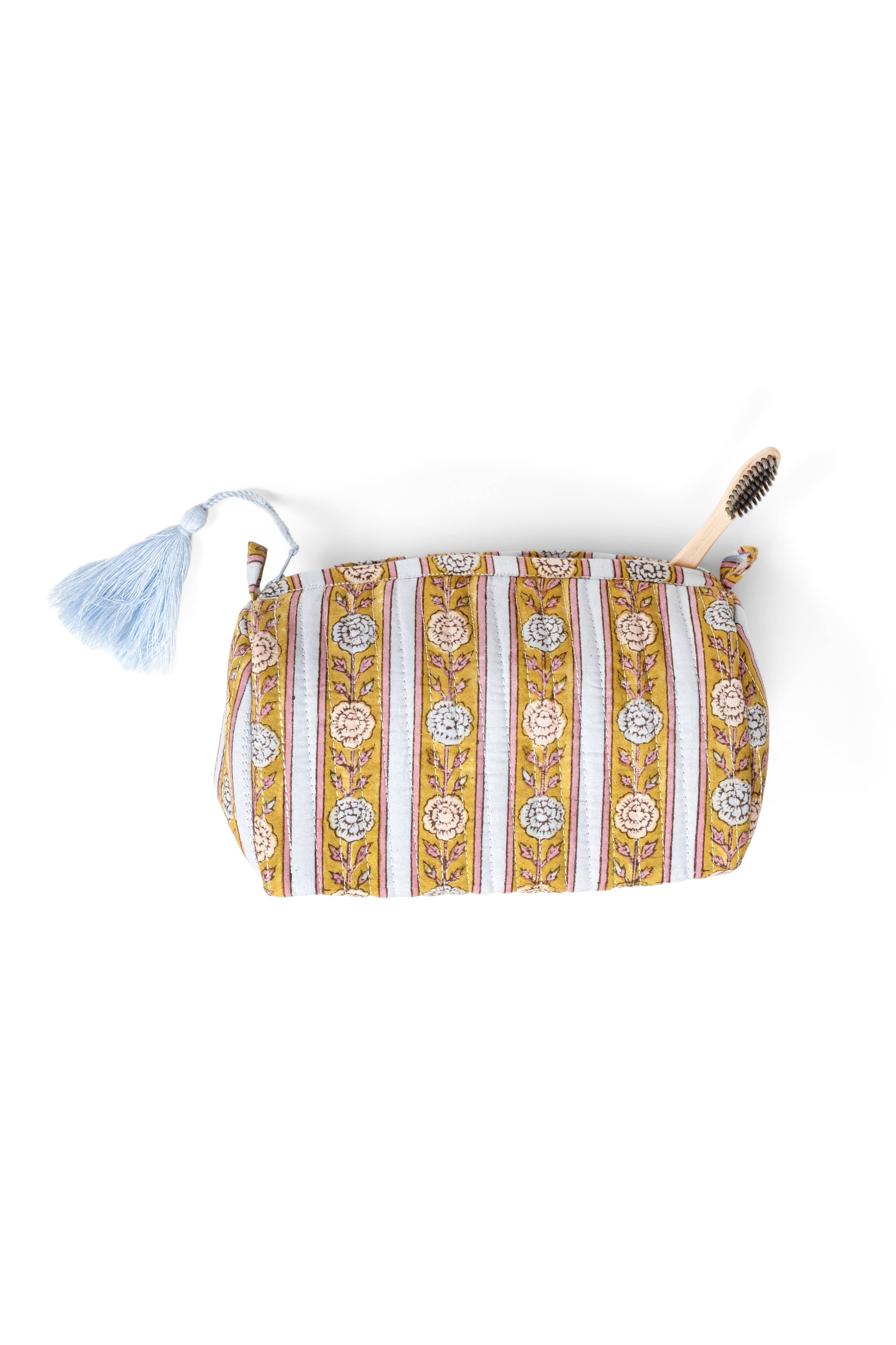 Blue + Green Floral Striped Makeup Bag