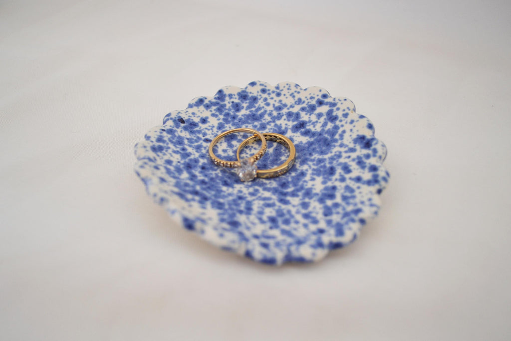 Handmade Trinket Dish, Scalloped Edges with Vibrant Blue Splatterware Glaze, Matte Finish, 3 Inches Diameter