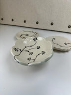 Handmade and hand painted pottery footed dish, with handpainted brown underglaze and finished in a clear glaze, 4”