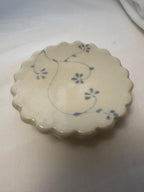Handmade and hand painted pottery trinket dish, with handpainted blue underglaze and finished in a clear glaze, 3” with foot