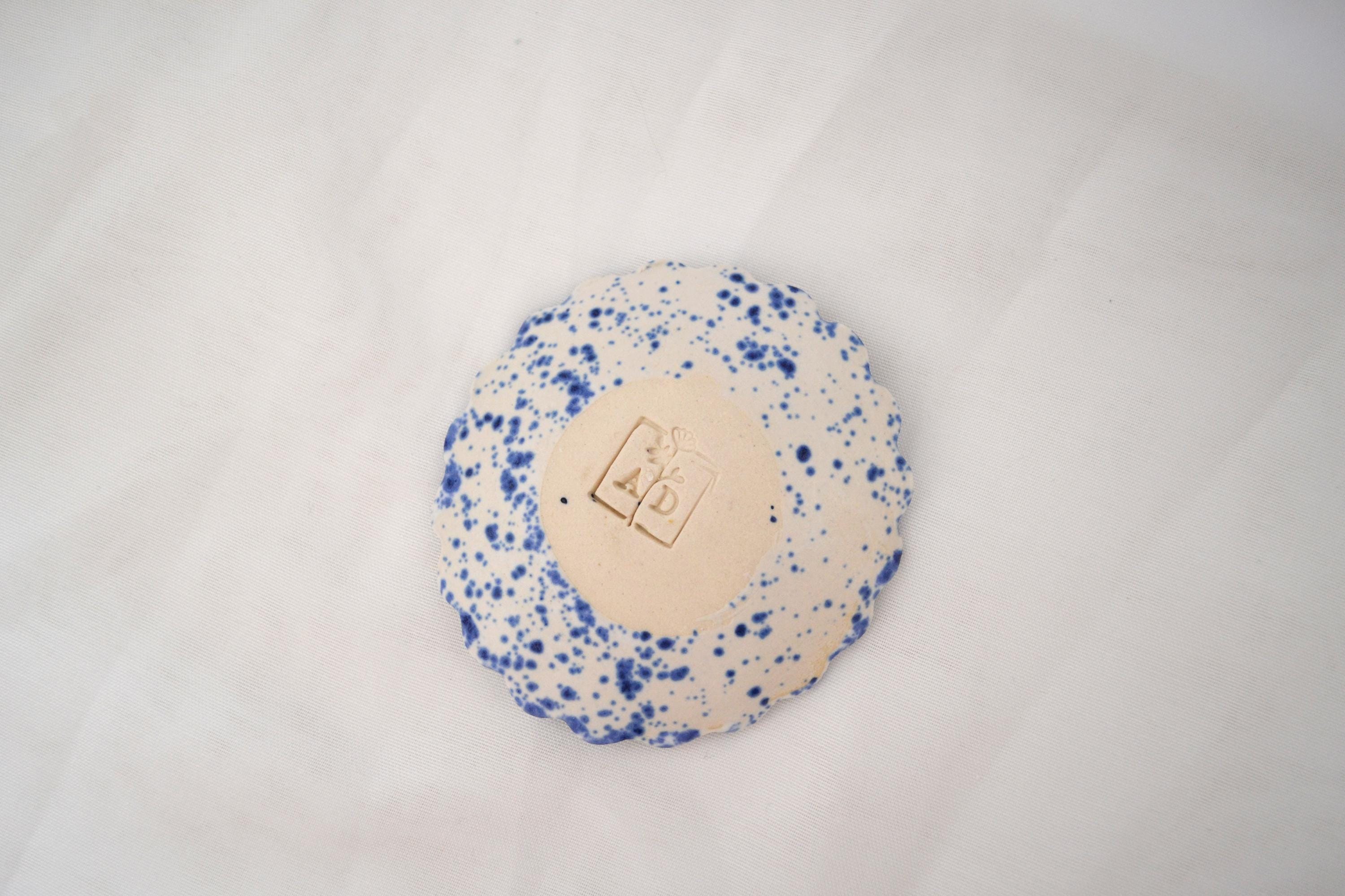 Handmade Trinket Dish, Scalloped Edges with Vibrant Blue Splatterware Glaze, Matte Finish, 3 Inches Diameter