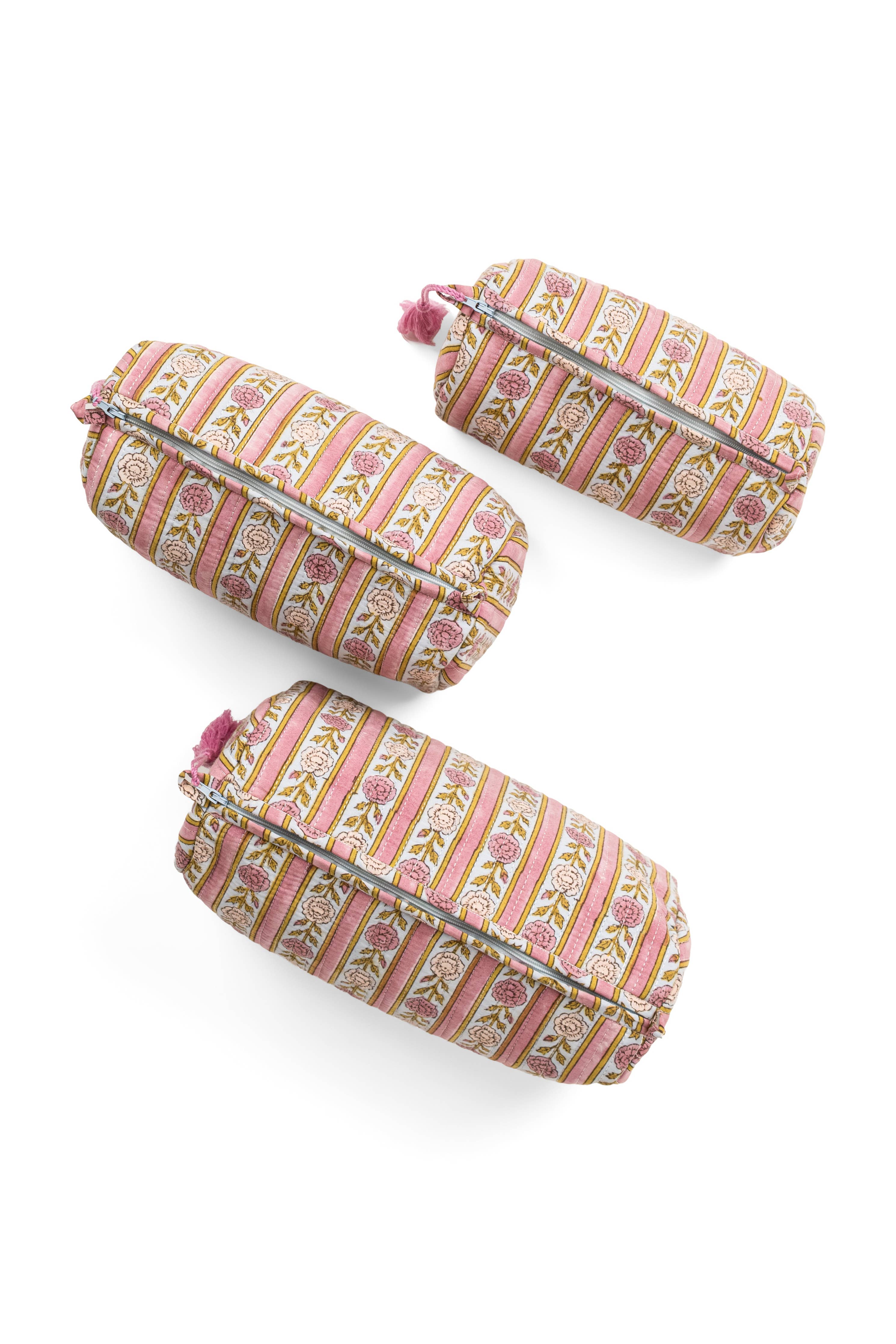 Blue + Pink Floral Striped Makeup Bag