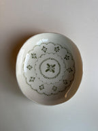 Handmade and hand painted pottery bowl,  with handpainted green underglaze and finished in a clear glaze, 7”