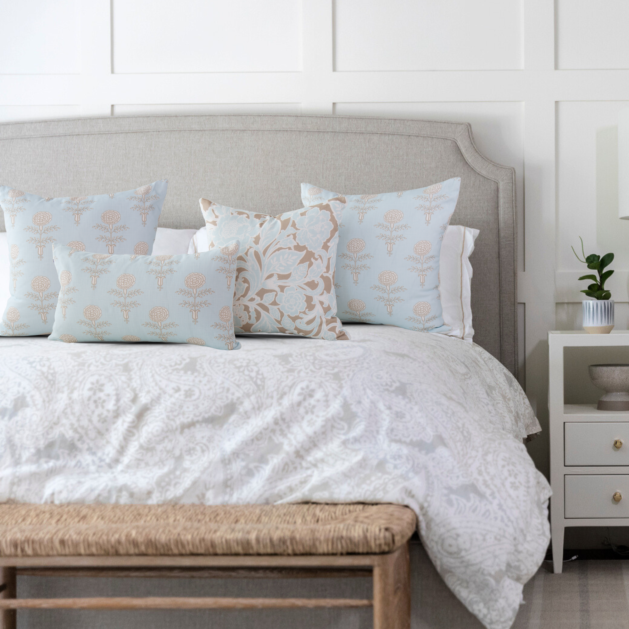 Elodie Sky Floral Block Print Throw Pillow
