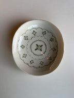 Handmade and hand painted pottery bowl,  with handpainted green underglaze and finished in a clear glaze, 7”