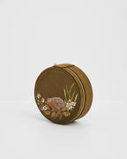 Hedgehog Embroidered Round Jewelry Box in Khaki Suedette