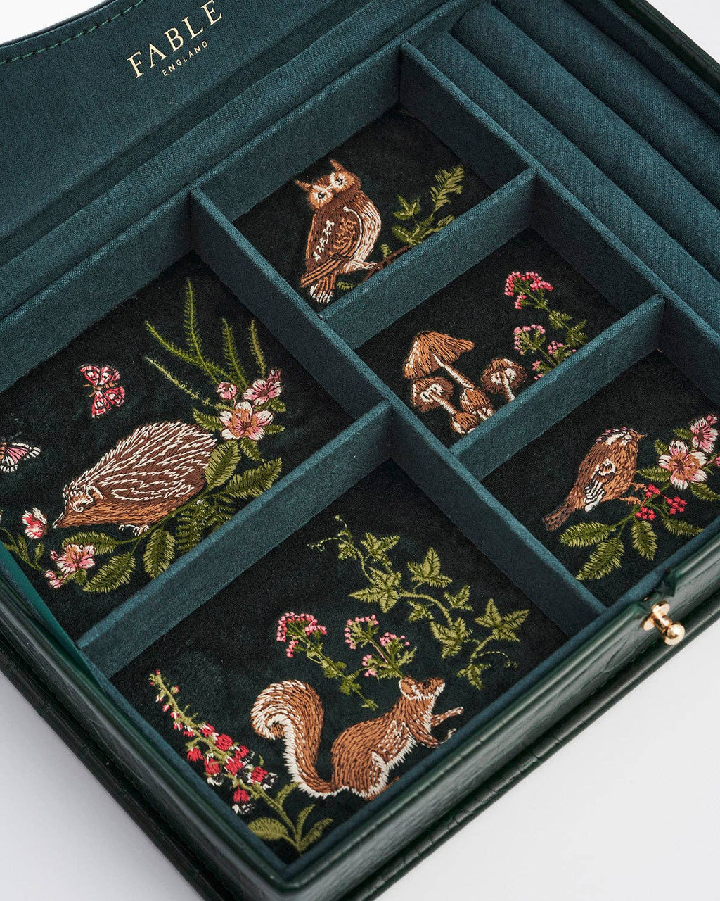 Meadow Scene Embroidered Jewelry Box in Forest Green