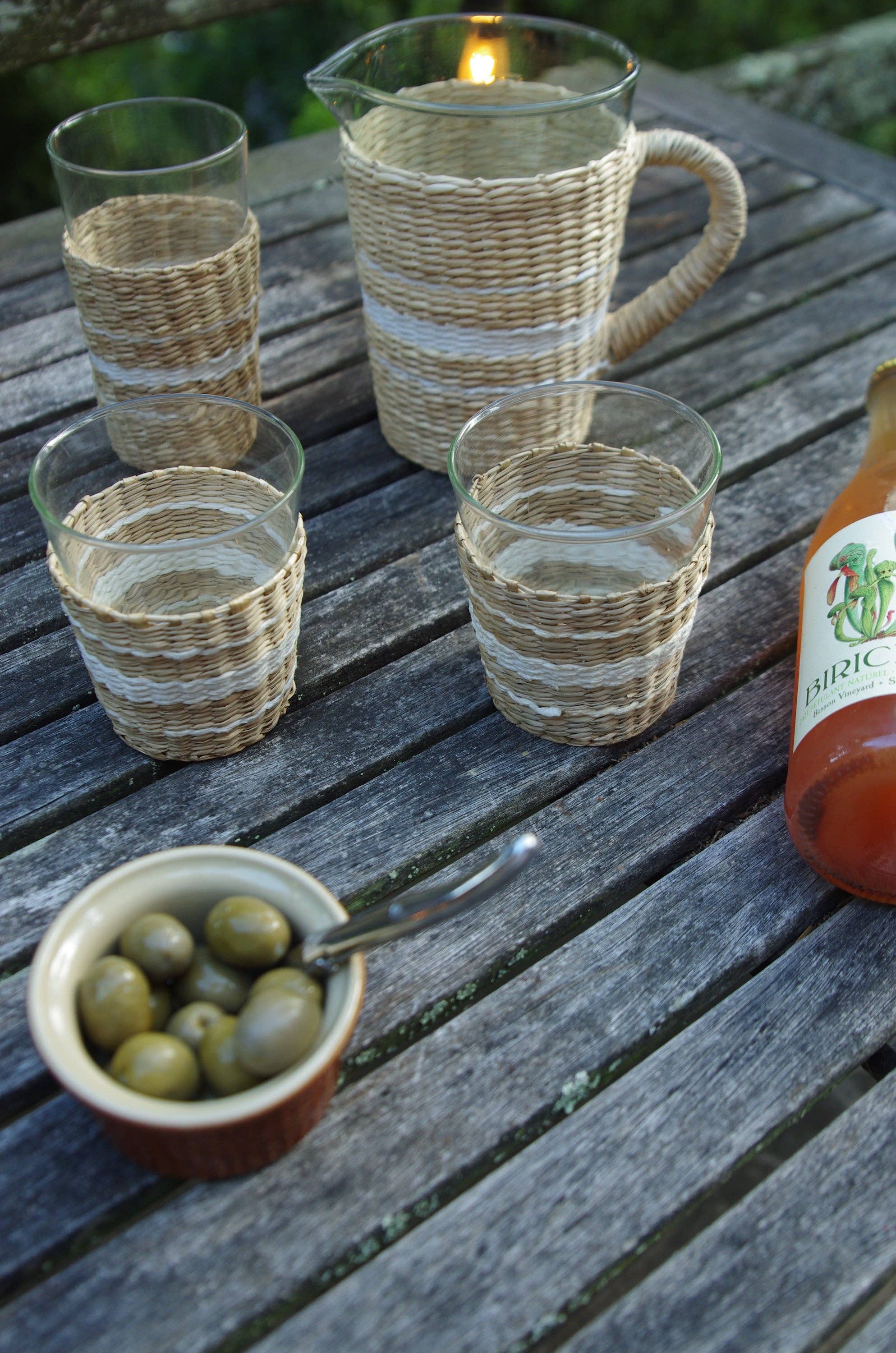 Glass Rocks Tumbler with Removable White Stripe Seagrass Cage
