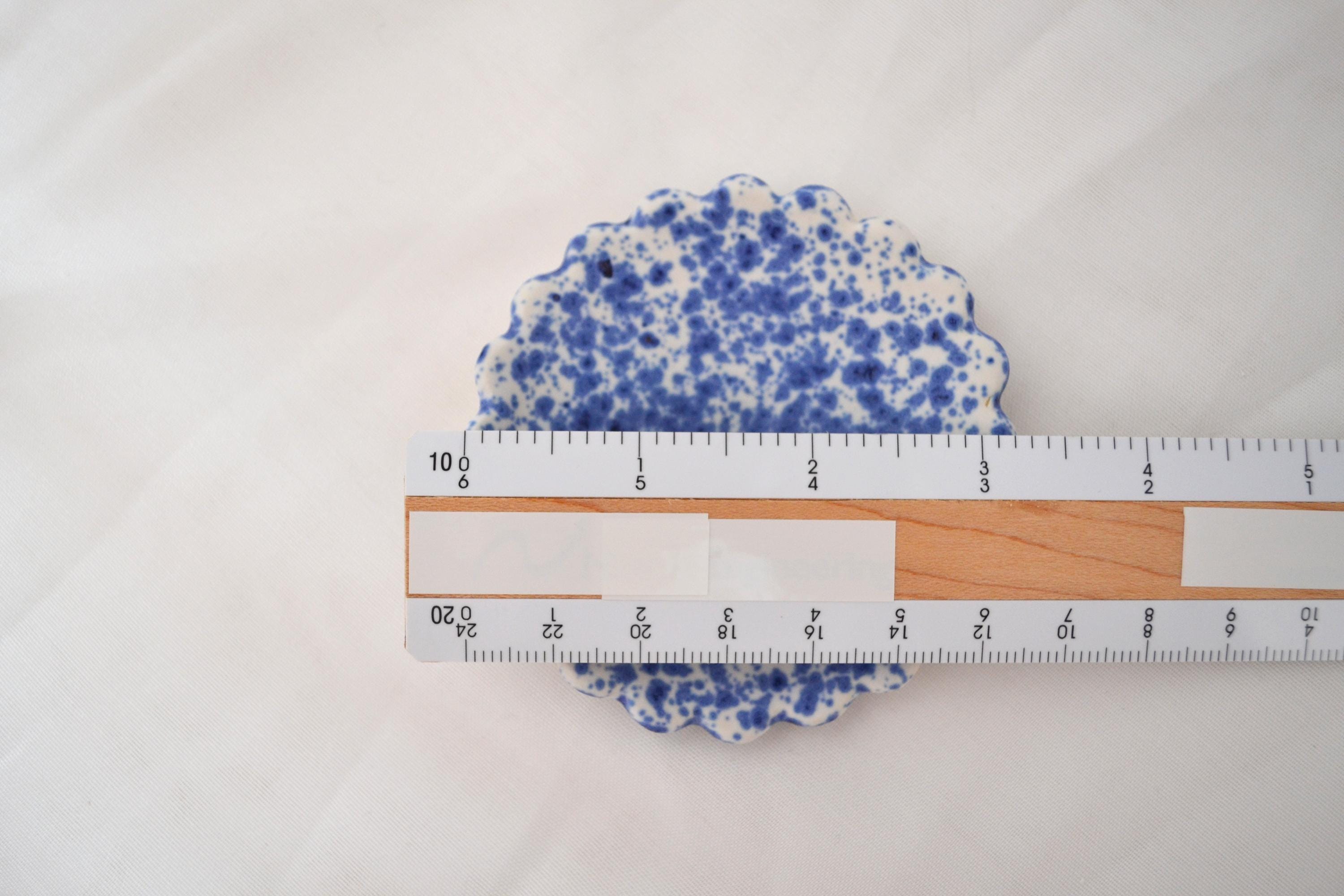 Handmade Trinket Dish, Scalloped Edges with Vibrant Blue Splatterware Glaze, Matte Finish, 3 Inches Diameter