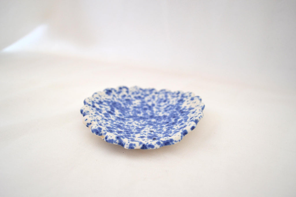 Handmade Trinket Dish, Scalloped Edges with Vibrant Blue Splatterware Glaze, Matte Finish, 3 Inches Diameter