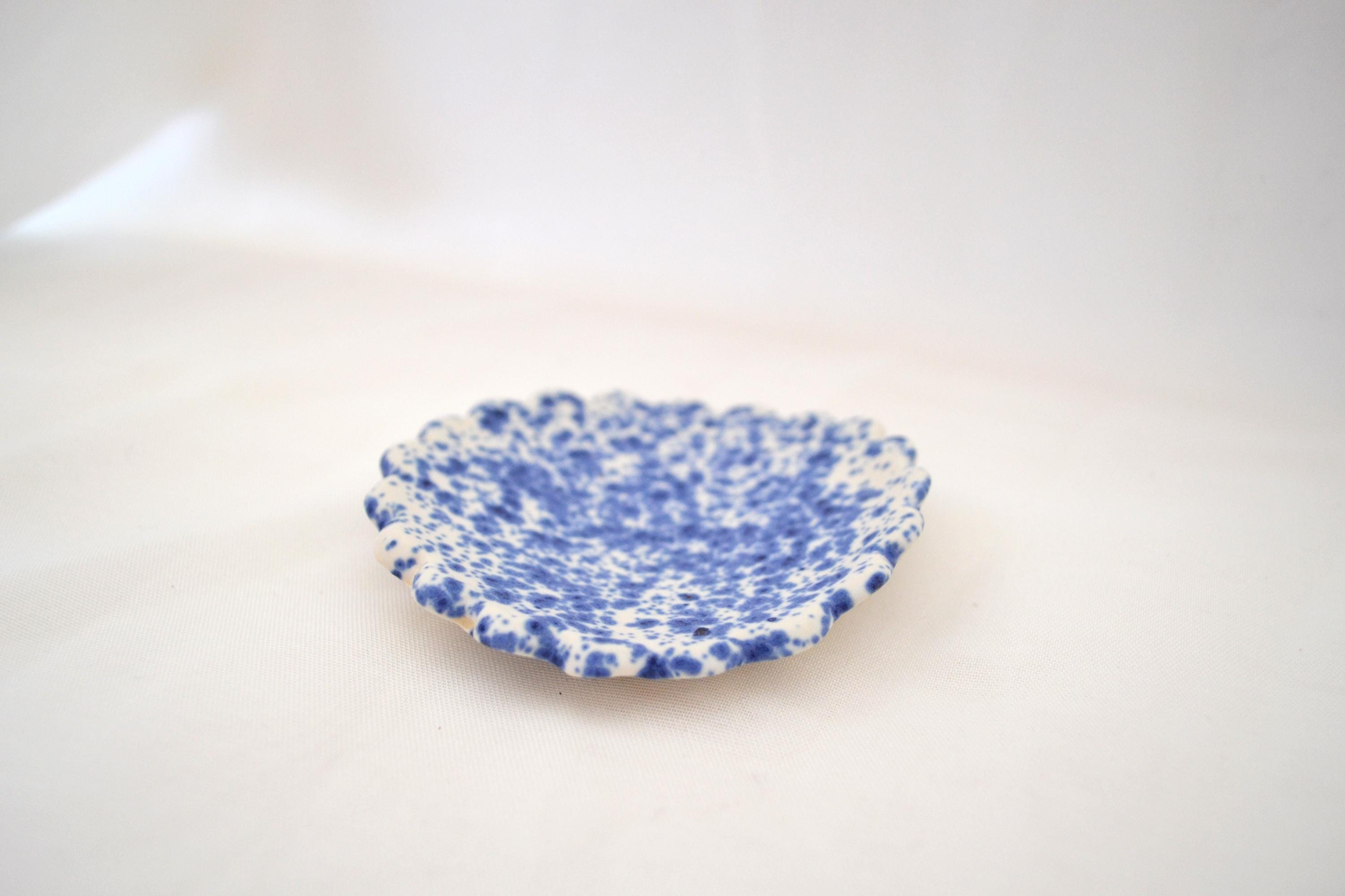 Handmade Trinket Dish, Scalloped Edges with Vibrant Blue Splatterware Glaze, Matte Finish, 3 Inches Diameter