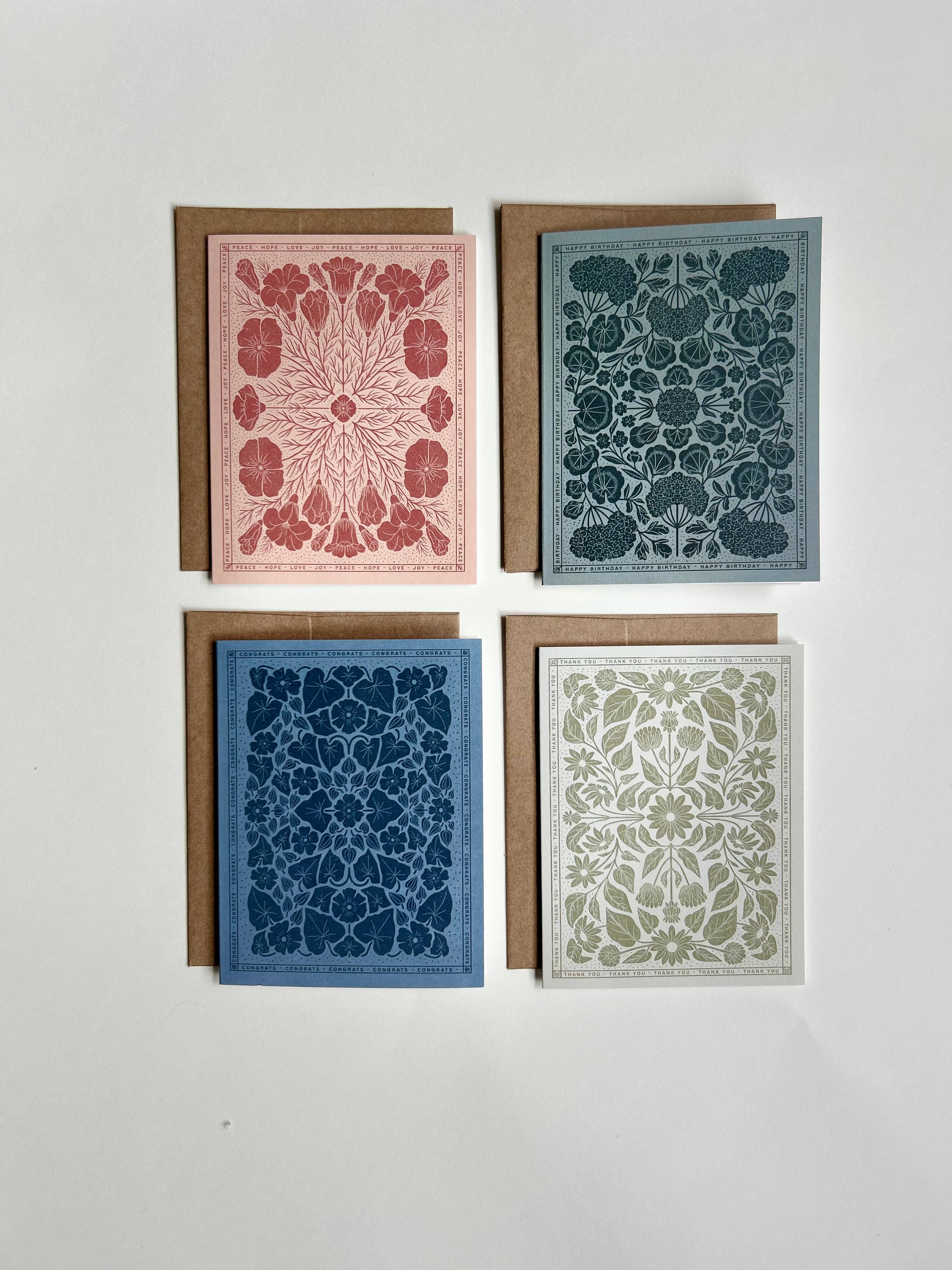 Floral Block Print Assorted Card Set – 8 Blank Cards With Envelopes