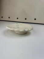 Handmade and hand painted pottery trinket dish, with handpainted blue underglaze and finished in a clear glaze, 3” with foot