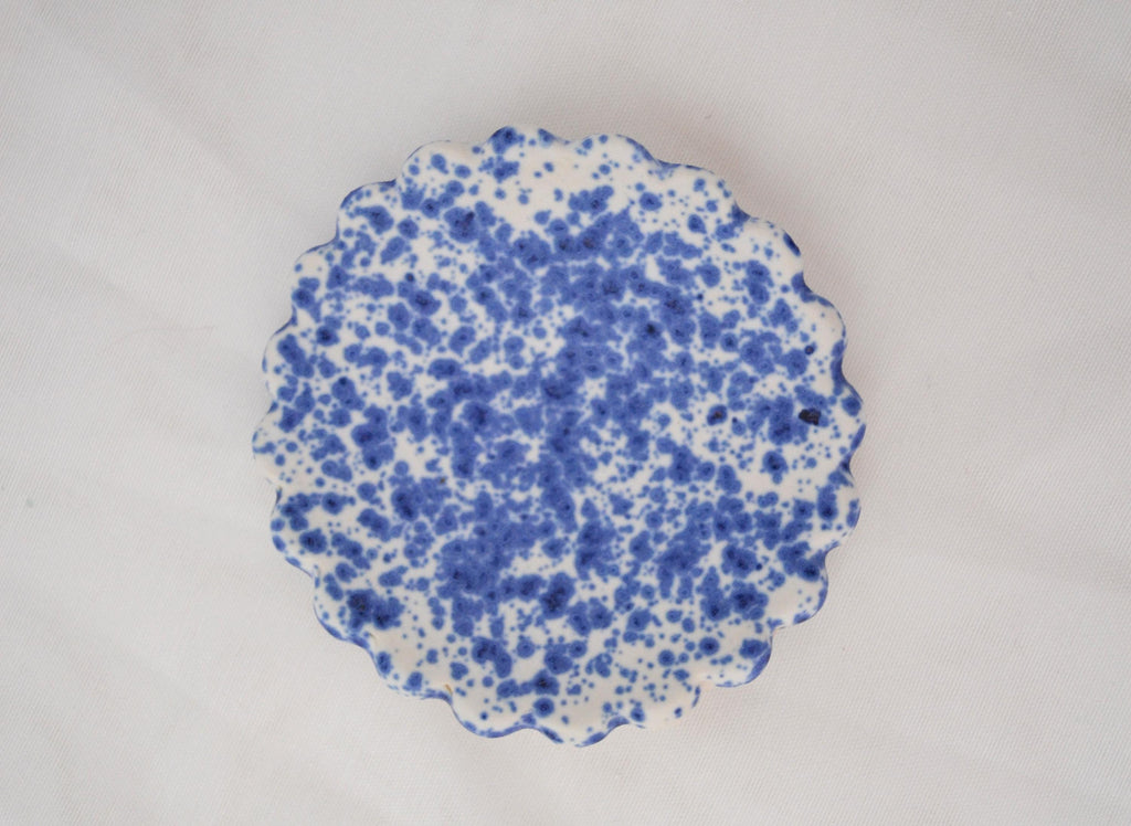 Handmade Trinket Dish, Scalloped Edges with Vibrant Blue Splatterware Glaze, Matte Finish, 3 Inches Diameter