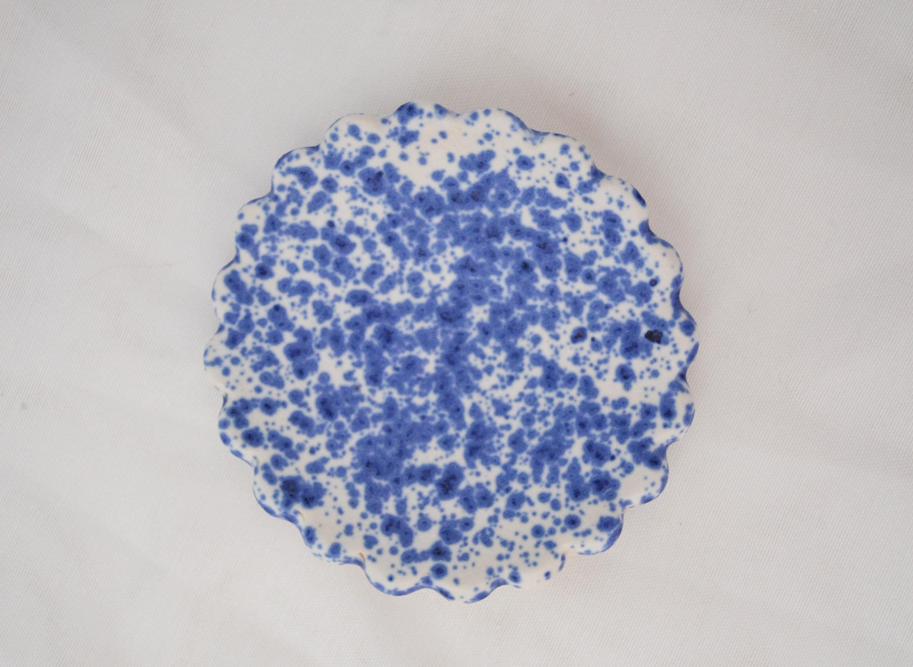Handmade Trinket Dish, Scalloped Edges with Vibrant Blue Splatterware Glaze, Matte Finish, 3 Inches Diameter