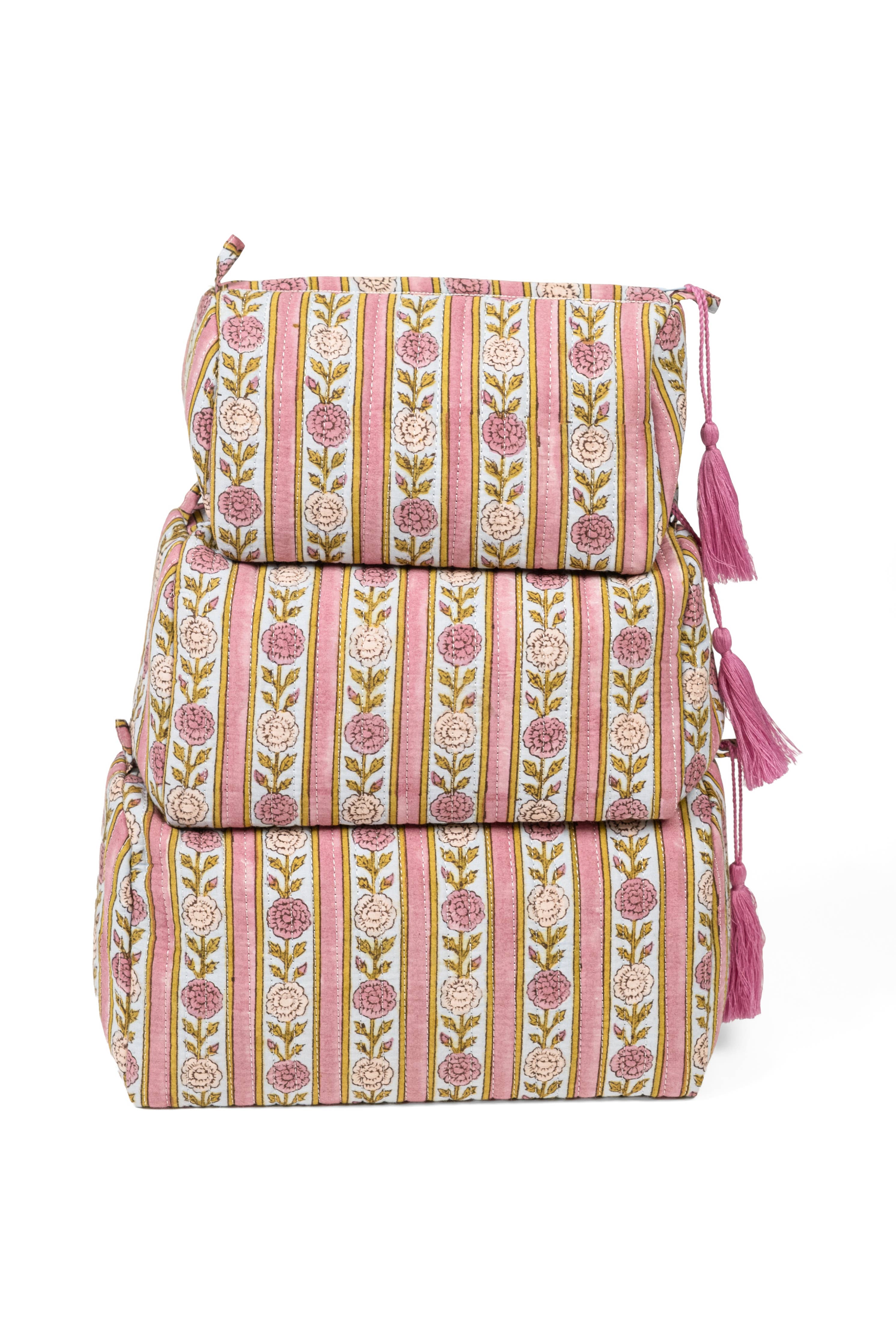Blue + Pink Floral Striped Makeup Bag