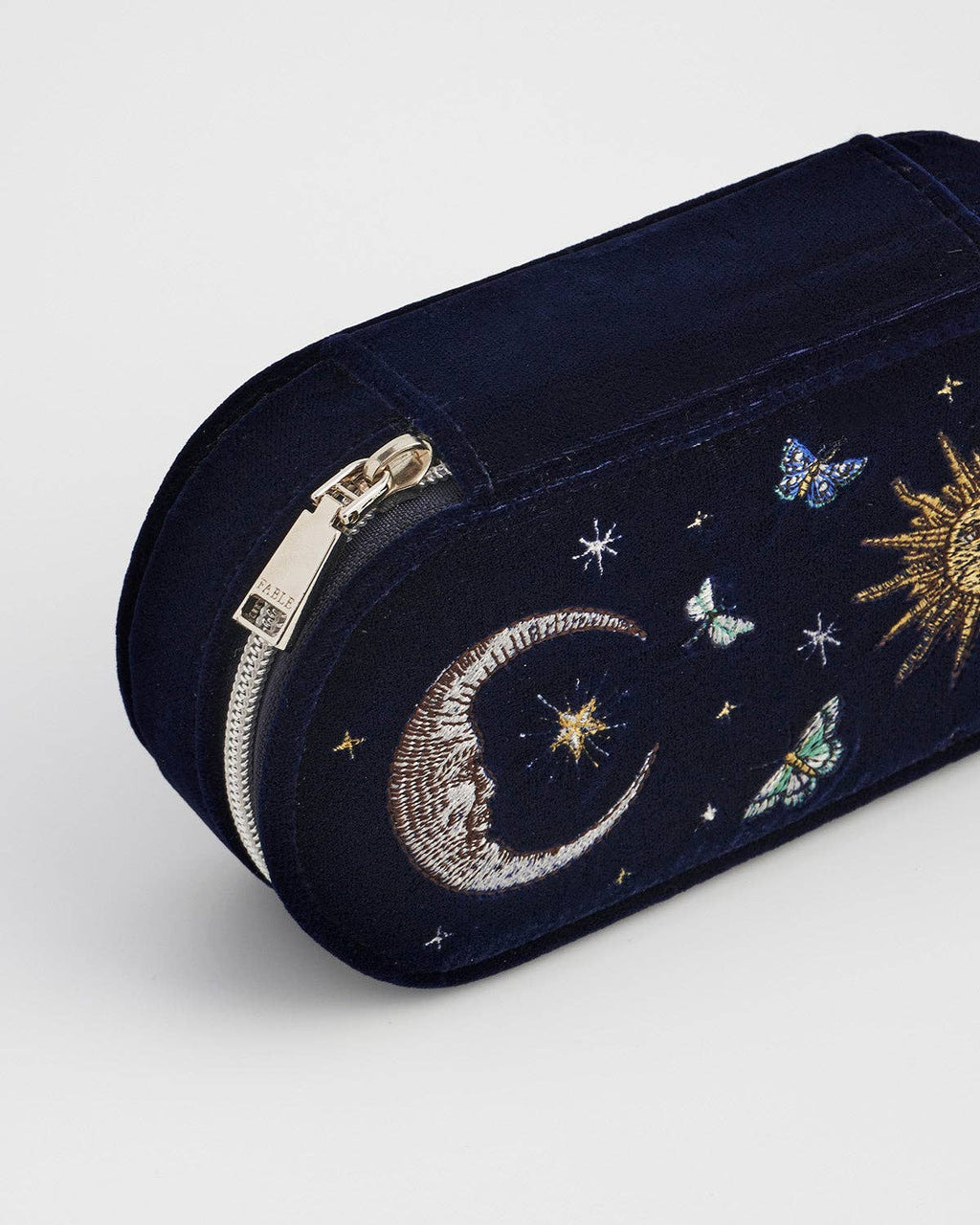 Night Sky Embroidered Oval Jewelry Box in Navy Velvet