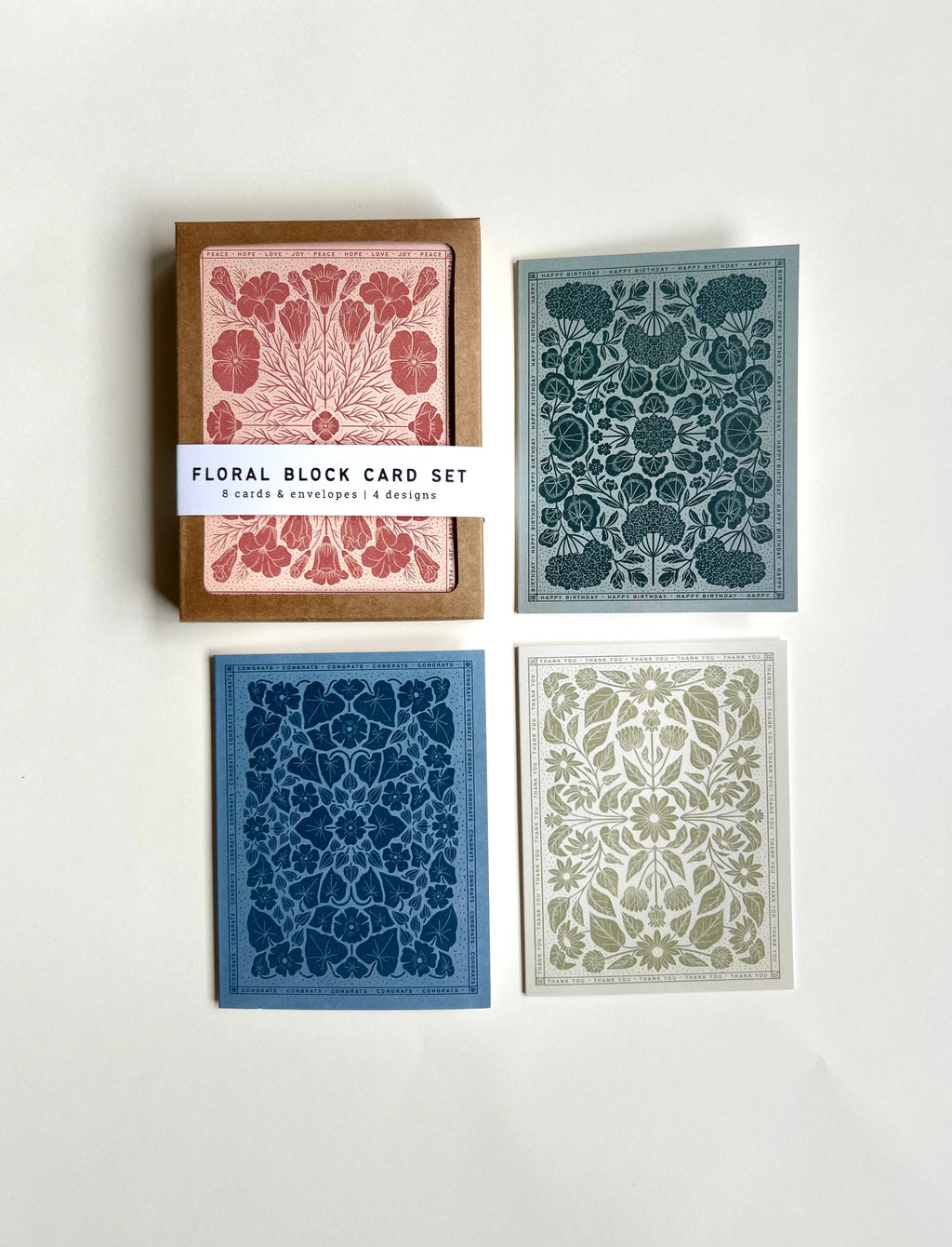 Floral Block Print Assorted Card Set – 8 Blank Cards With Envelopes