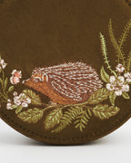Hedgehog Embroidered Round Jewelry Box in Khaki Suedette