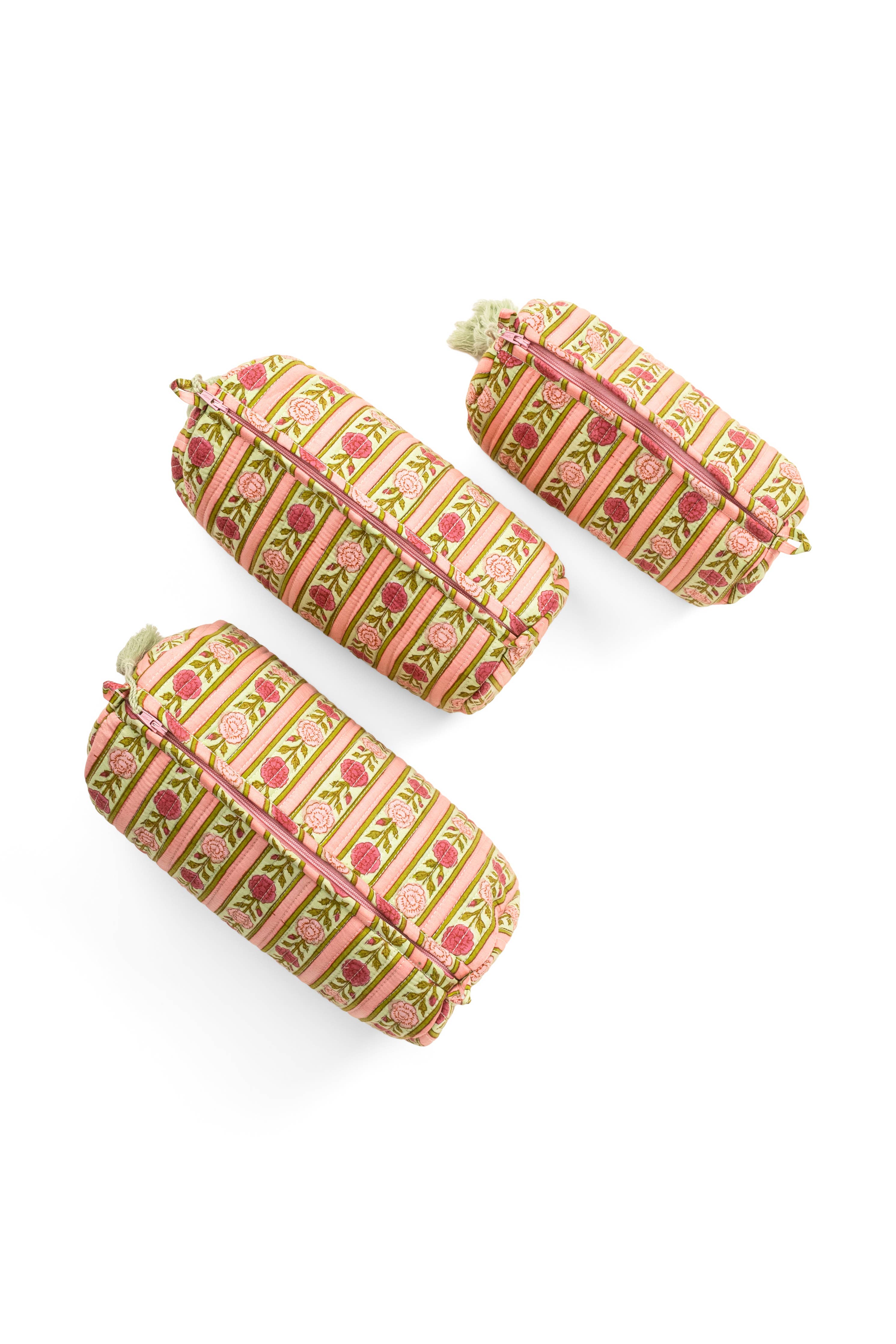Pink + Green Floral Striped Makeup Bag